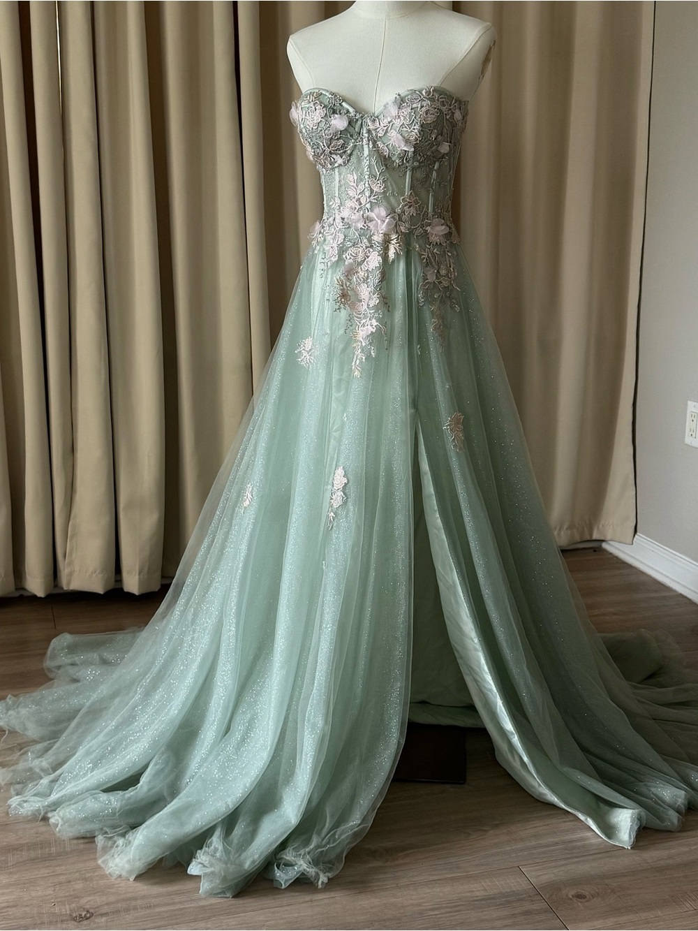 GB Fairycore Sage Green 3D Floral Corset Prom Gown Micro Glitter Tule Size Small